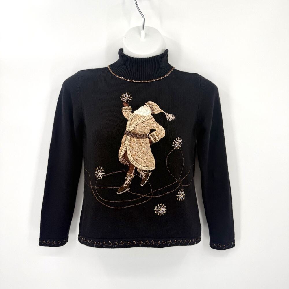 Vintage Talbots Festive Black Christmas Holiday Sweater Size Large Turtle Neck